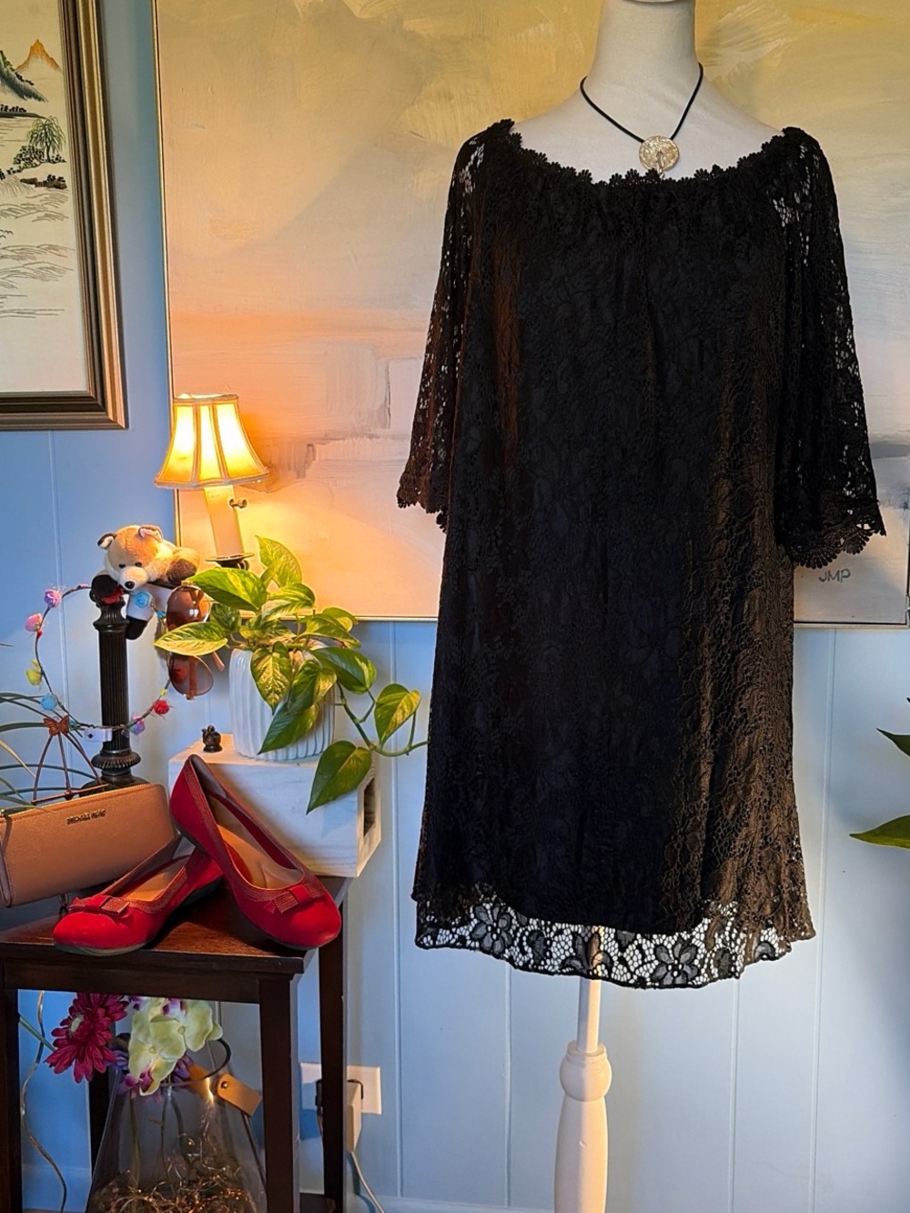Classic Black Lace Midi Dress with Scalloped Hem